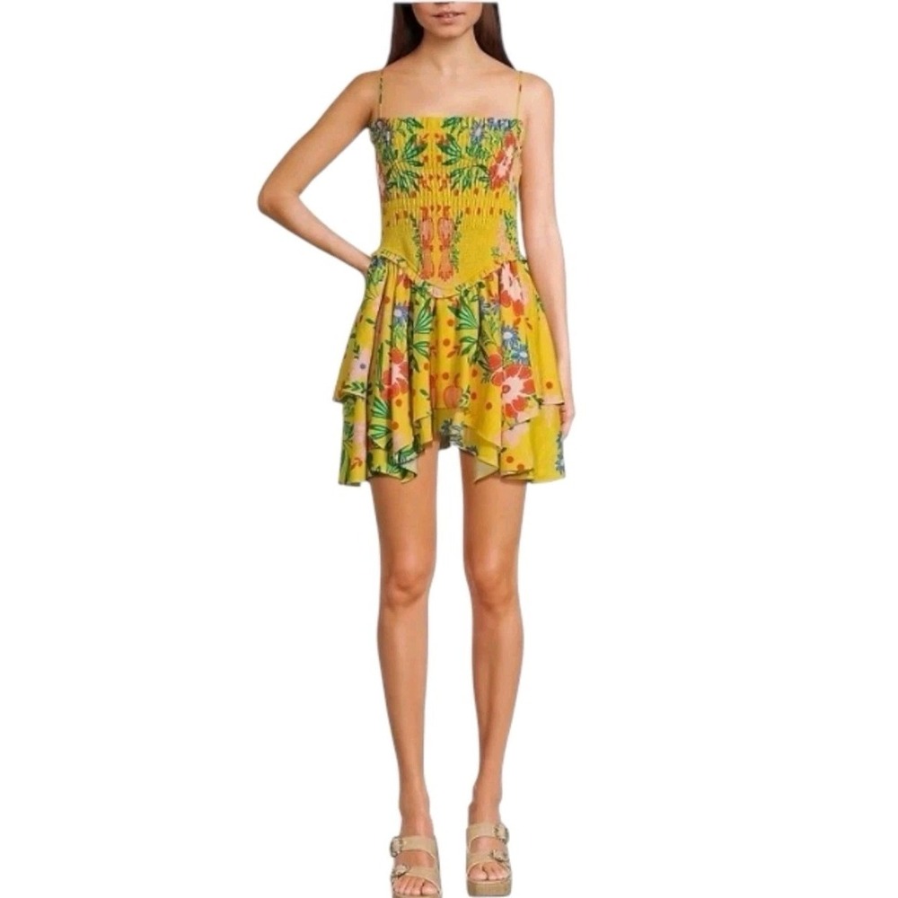 Chelsea & Violet Smocked Dress Linen‎ Blend Tropical Resort Cruise Yellow L NWT